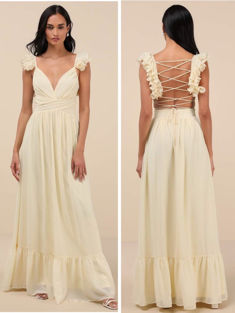 Lulus Soiree Celebration Light Yellow Ruffled Lace-Up Maxi Dress Size XL Fairy
